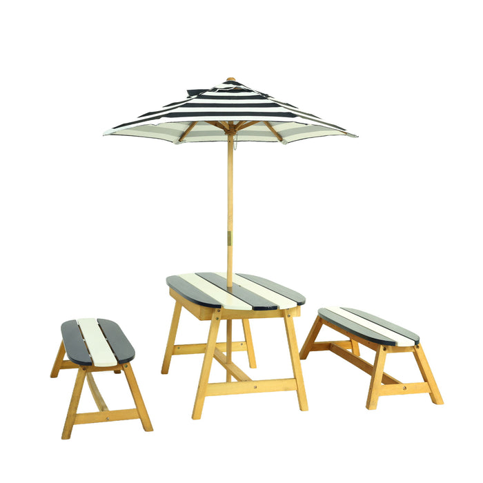 Giga Naturally Playful kids picnic table with umbrella, blue and white striped, outdoor and indoor table and chair set for children.