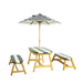 Giga Naturally Playful kids picnic table with umbrella, blue and white striped, outdoor and indoor table and chair set for children.