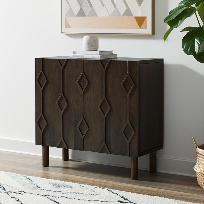 36" Solid Wood Carved Geometric Accent Cabinet With Two Doors - Dark Brown