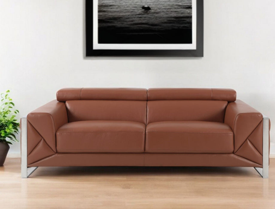 Italian Leather Sofa With Silver Legs - Camel