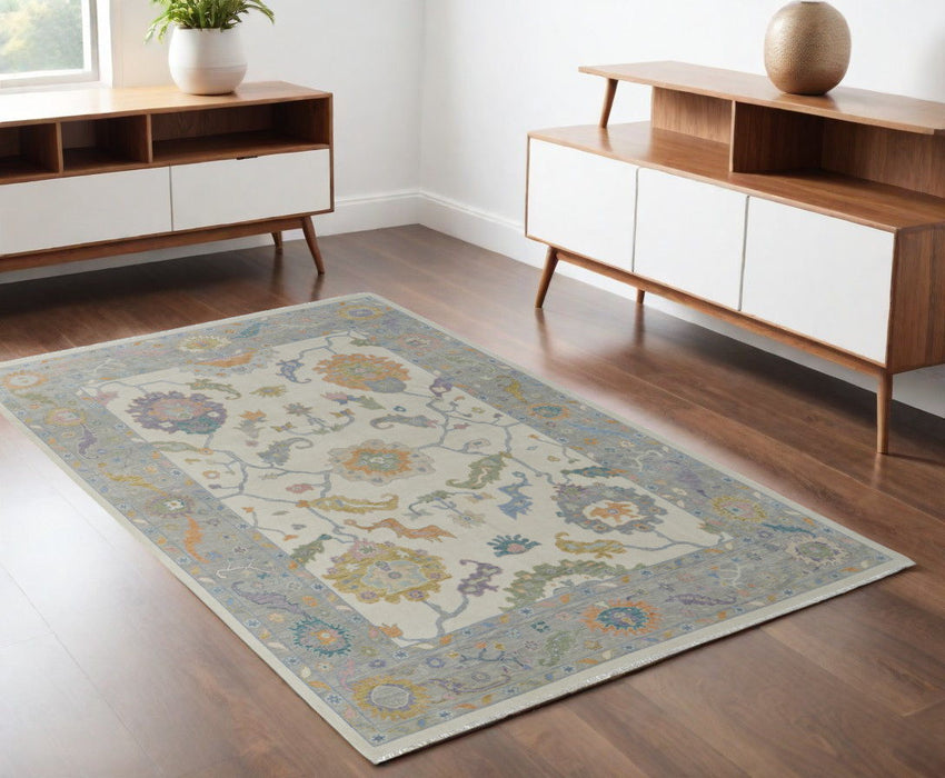 4' x 6' Wool Floral Hand Knotted Area Rug With Fringe - Gray Ivory And Orange