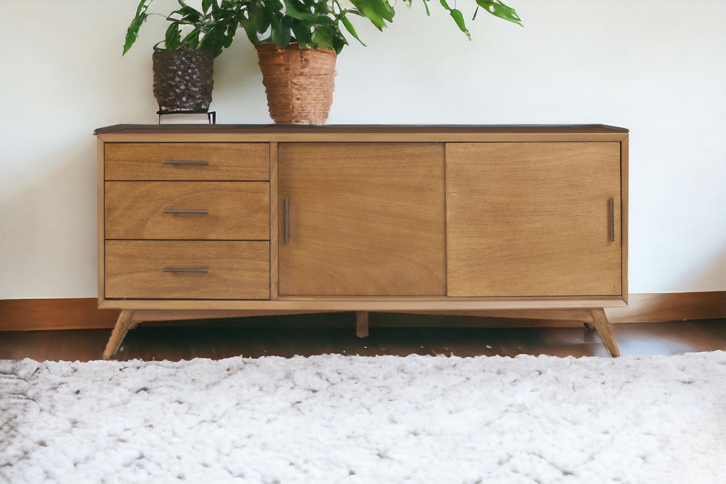 Brown HomeRoots TV stand with drawers and sliding door, featuring a modern design and ample storage space.