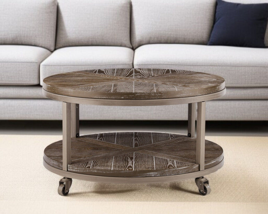 Wood With Iron Round Distressed Coffee Table - Brown