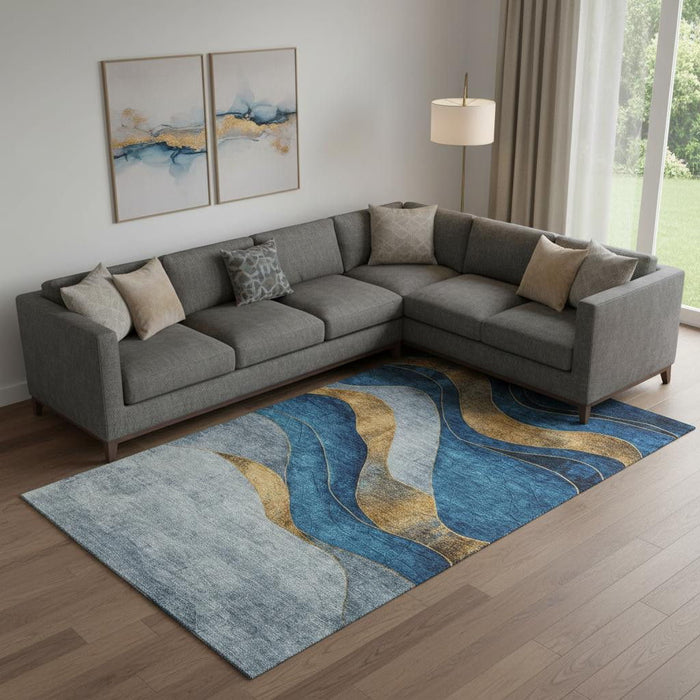 10' X 14' Abstract Washable Area Rug With UV Protection (707131) - Blue / Gold