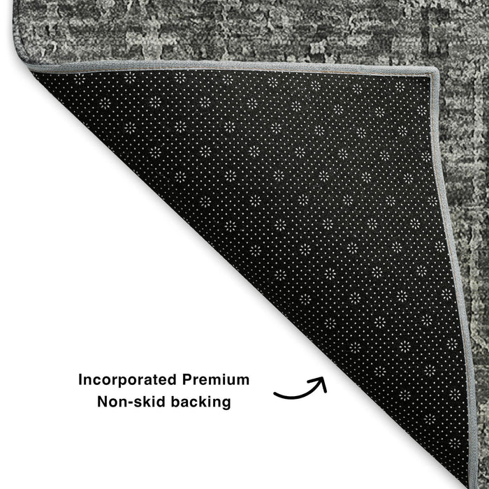8' X 10' Floral Washable Area Rug With UV Protection (651170) - Charcoal / Silver