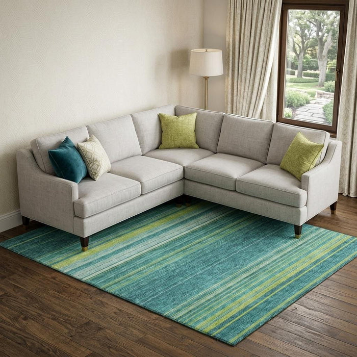 10' X 14' Striped Washable Area Rug With UV Protection (677345) - Teal / Lime Green / Sky Blue