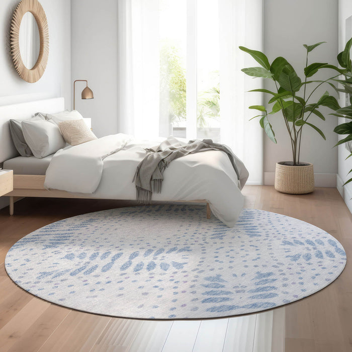 8' Floral Washable Round Rug With UV Protection - Blue / Ivory