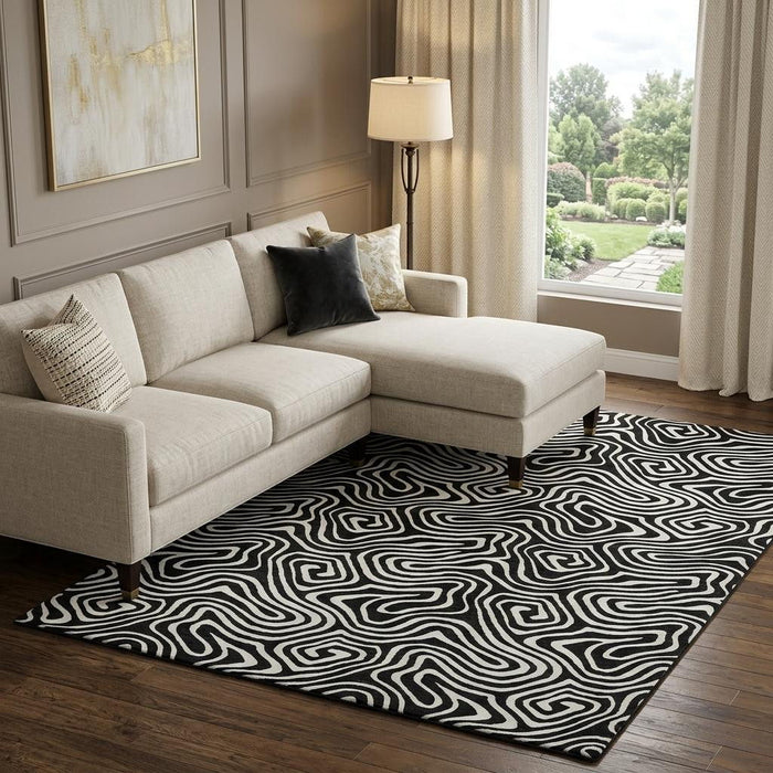 10' X 14' Abstract Washable Area Rug With UV Protection (680843) - Black / Ivory