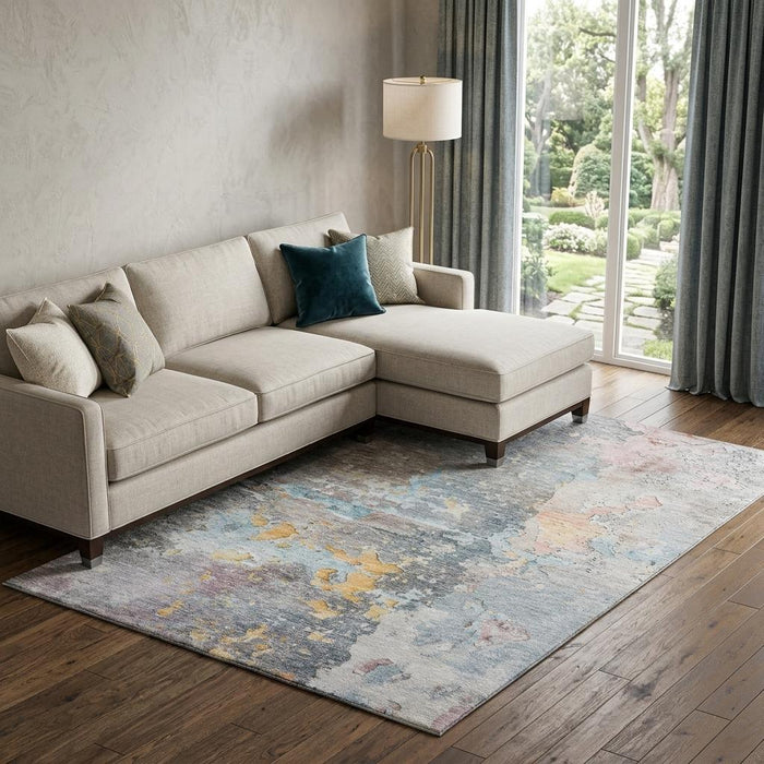 10' X 14' Abstract Washable Area Rug With UV Protection (692184) - Granite Gray / Teal / Blush