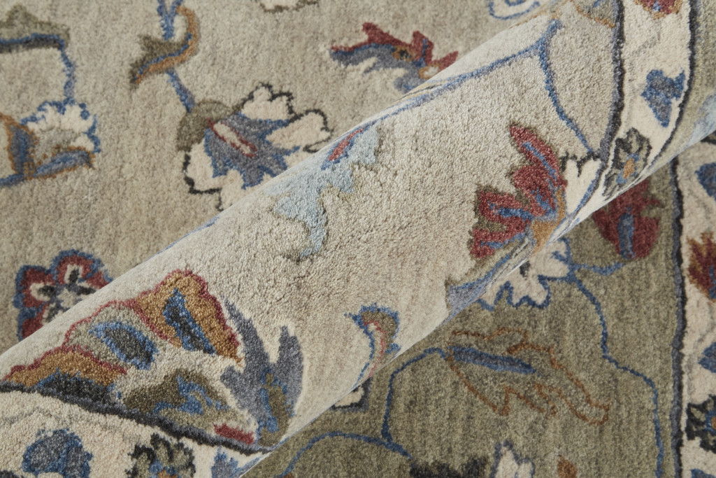 10' x 14' Wool Floral Tufted Handmade Stain Resistant Area Rug - Ivory Taupe And Blue