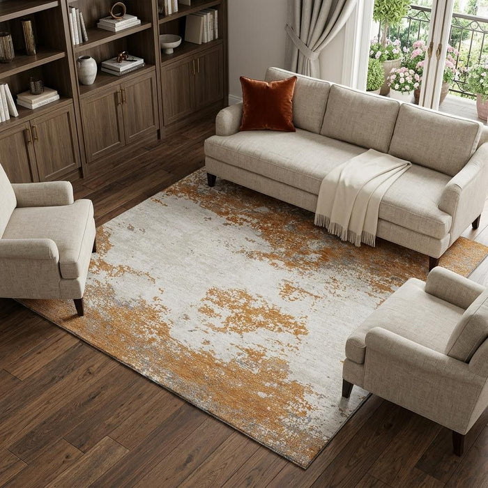 10' X 14' Abstract Washable Area Rug With UV Protection (680627) - Copper / Beige