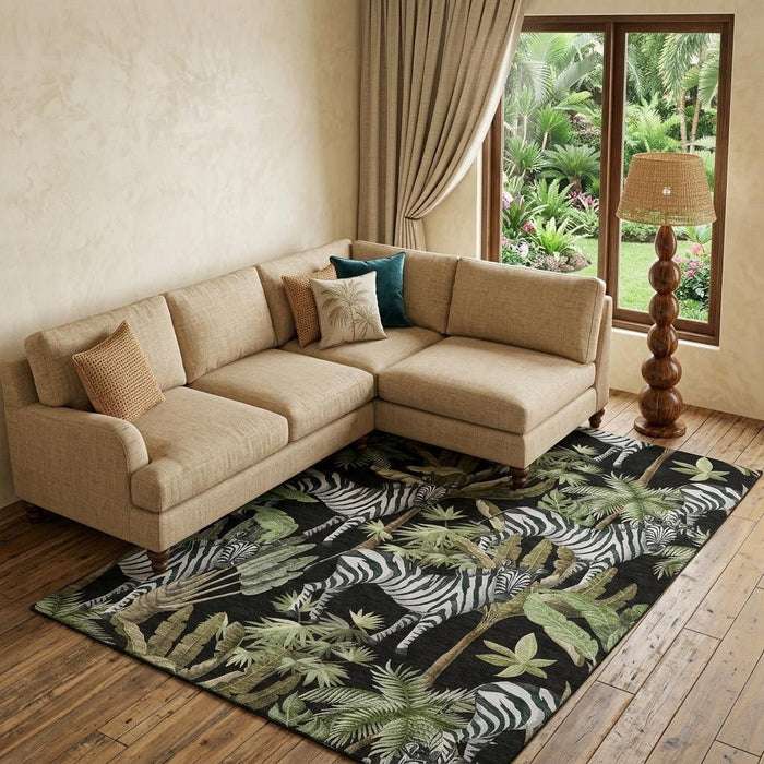 10' X 14' Geometric Washable Area Rug With UV Protection (646385) - Midnight / Green / Brown