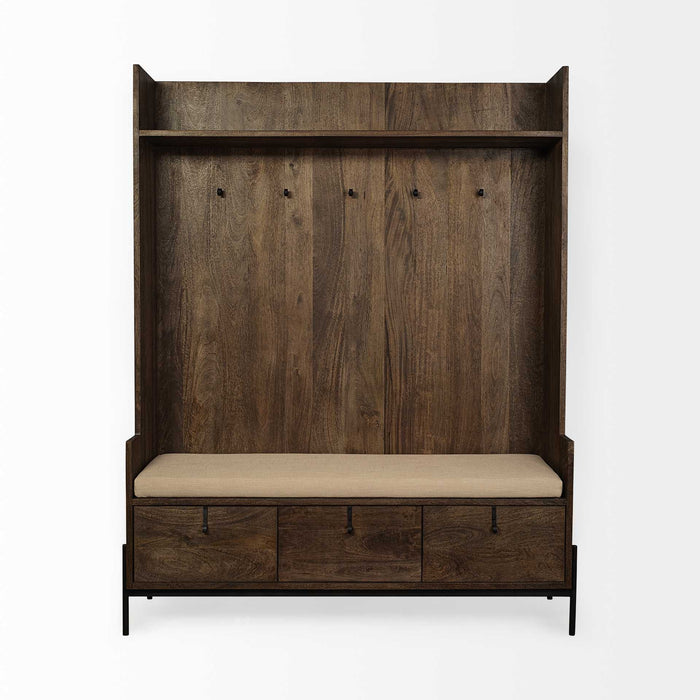 Wood, Fabric Wrapped Seat Hall Tree With Storage - Brown