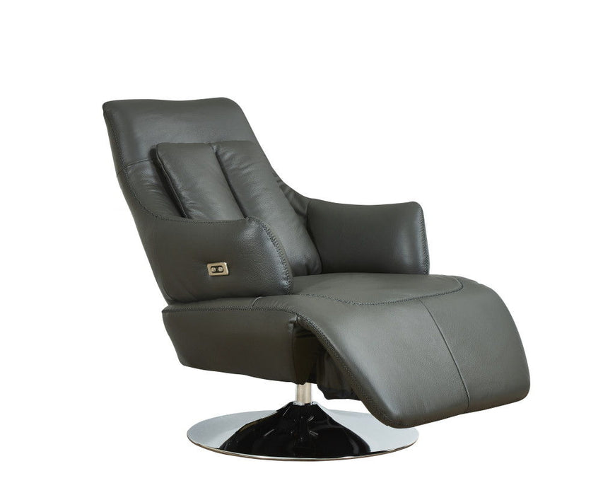 Tufted Genuine Leather Power Swivel Recliner - Gray