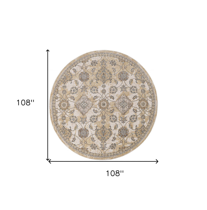 9' Round Wool Floral Vines Area Rug - Ivory