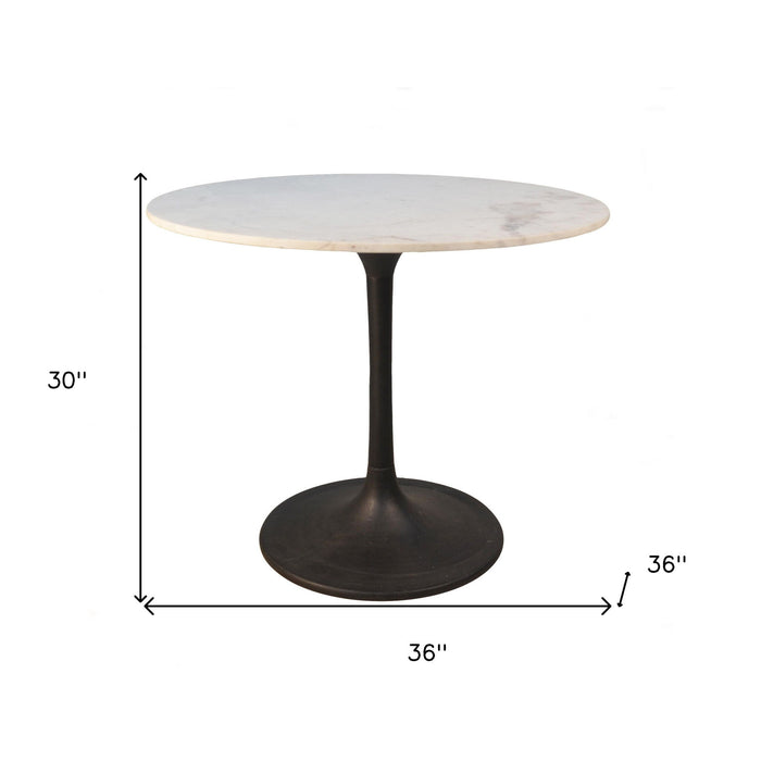 36" Rounded Marble And Iron Pedestal Base Dining Room Table - White
