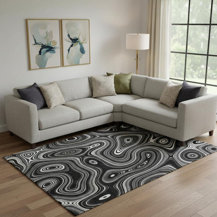 10' X 14' Geometric Washable Area Rug With UV Protection (717711) - Black / Ivory