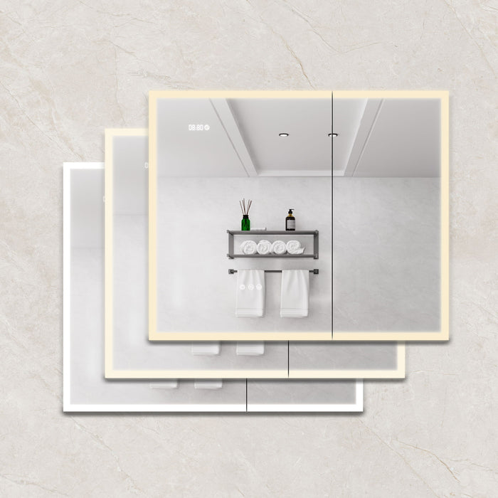 Giga LED bathroom medicine cabinet with mirror, built-in lights and defogger, sleek modern design for bathroom storage.