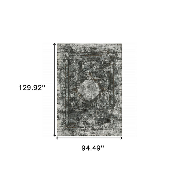 8' x 11' Oriental Power Loom Stain Resistant Area Rug - Charcoal Rust Gray Blue Ivory And Brown
