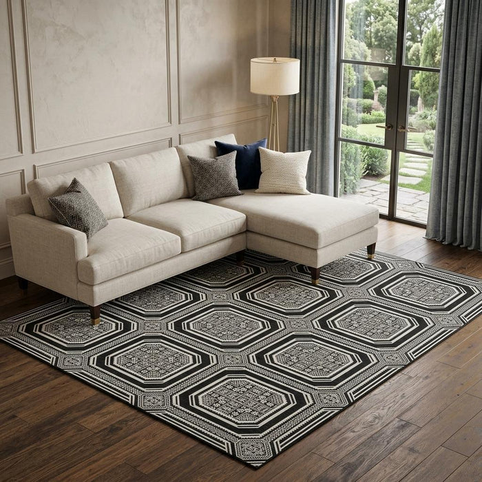 10' X 14' Geometric Washable Area Rug With UV Protection (693774) - Black / Ivory / Gray