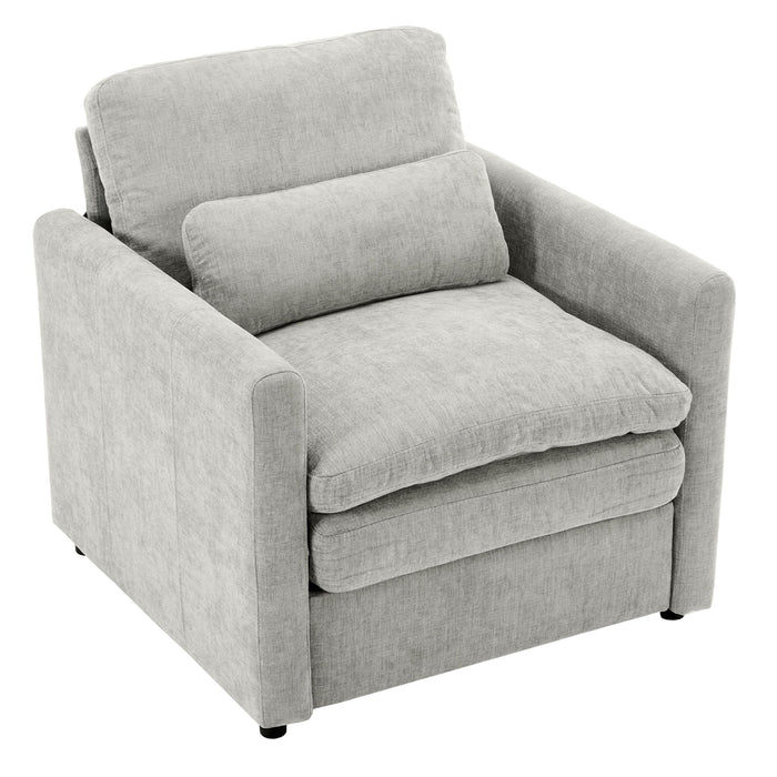 Giga cozy upholstered cushion armchair with plush fabric and armrests, perfect for a comfortable living room seating.