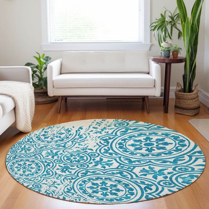 8' Medallion Washable Round Rug With UV Protection - Teal / Ivory