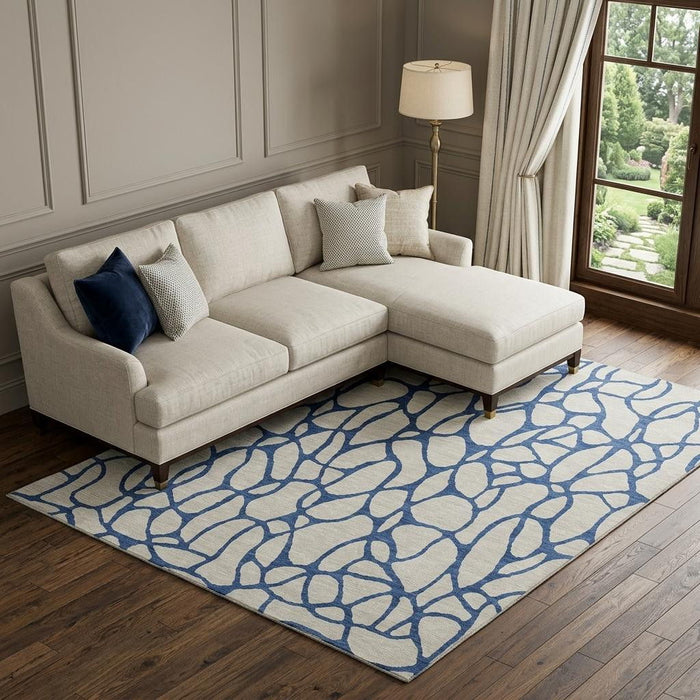 10' X 14' Geometric Washable Area Rug With UV Protection (680301) - Beige / Navy Blue