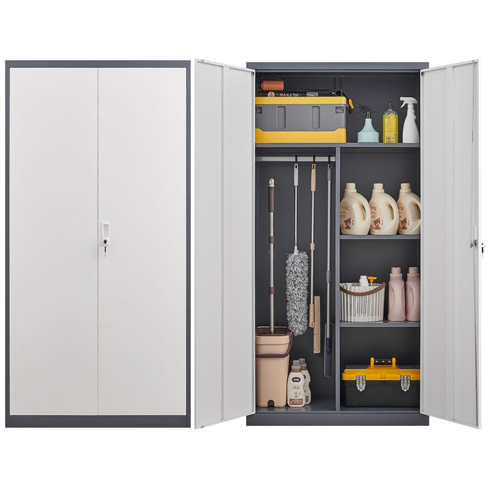 Gray Giga wardrobe with hanging rod, compartments, and lockable doors with keys, suitable for bedroom storage.