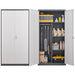 Gray Giga wardrobe with hanging rod, compartments, and lockable doors with keys, suitable for bedroom storage.