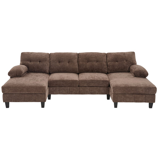 Giga U-shaped sectional sofa with fabric upholstery, dual chaise lounges, armrest pillows, and built-in storage pockets.