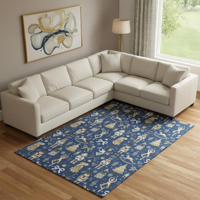 10' X 14' Floral Washable Area Rug With UV Protection (702461) - Navy Blue / Gold / Gray