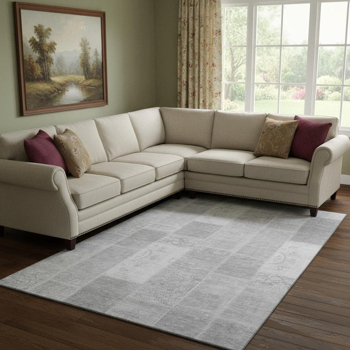 10' X 14' Patchwork Washable Area Rug With UV Protection (652965) - Silver / Ivory