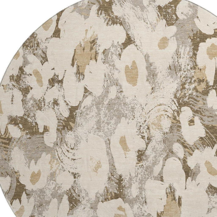 8' Floral Washable Round Rug With UV Protection (648169) - Khaki / Gray / Ivory