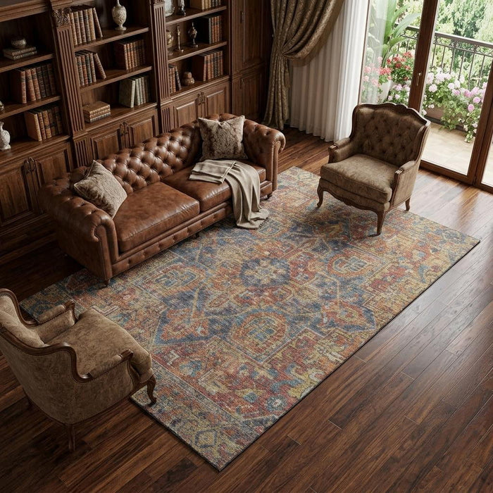 9' X 12' Medallion Distressed Washable Area Rug With UV Protection (649761) - Red / Blue