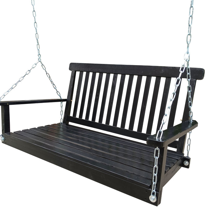 Giga patio swing with armrests for outdoor porch, garden, yard, or sunroom, featuring a comfortable wooden seat and sturdy frame.