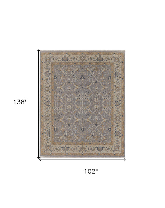 8' x 12' Wool Oriental Hand Knotted Area Rug With Fringe - Tan And Gray