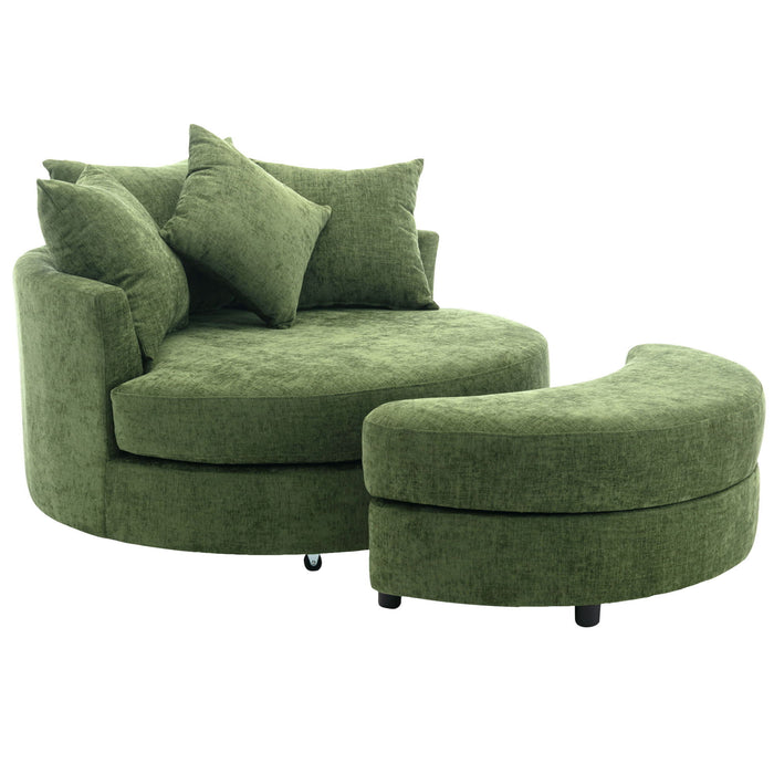 Giga 360° swivel accent barrel chair with matching storage ottoman and four decorative pillows in a modern living room setting.