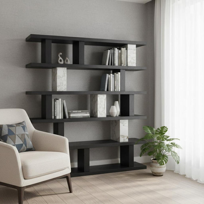 Faux Marble Five Tier Geometric Bookcase - Black / White