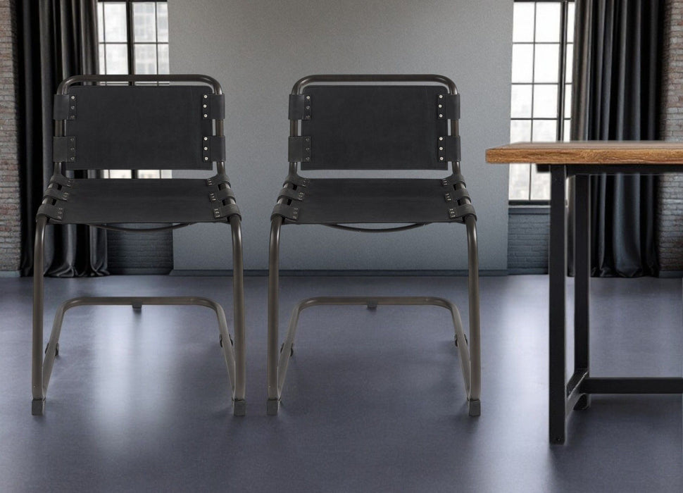 Leather Metal Open Back Dining Side Chair - Black