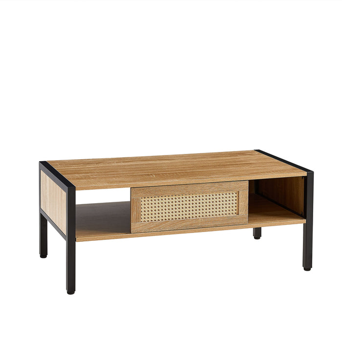 Giga 40.16-inch rattan coffee table with sliding door storage, metal legs, modern design for living room.