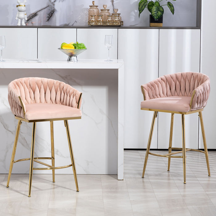 Set of two Giga pink counter height bar stools with wave back design, golden chromed base, footrest, ideal for kitchen island seating.