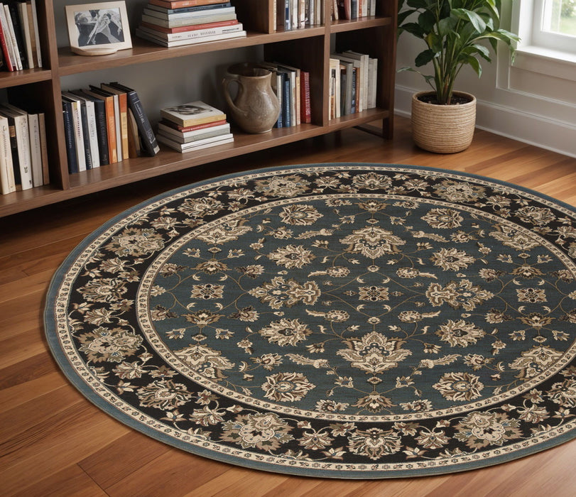 8' Floral Round Rug - Blue And Black