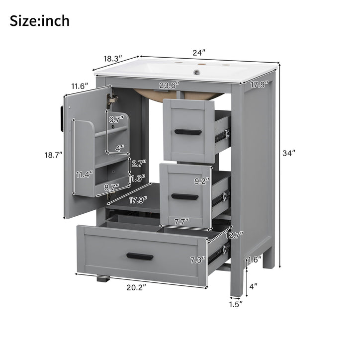 Gray Giga bathroom vanity with sink, soft-close doors, double-layer shelf, and three drawers, showing sleek modern design.