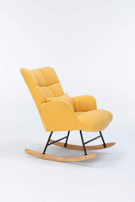 Giga yellow upholstered nursery rocking chair with high backrest and modern design, ideal for nursery or living room relaxation.