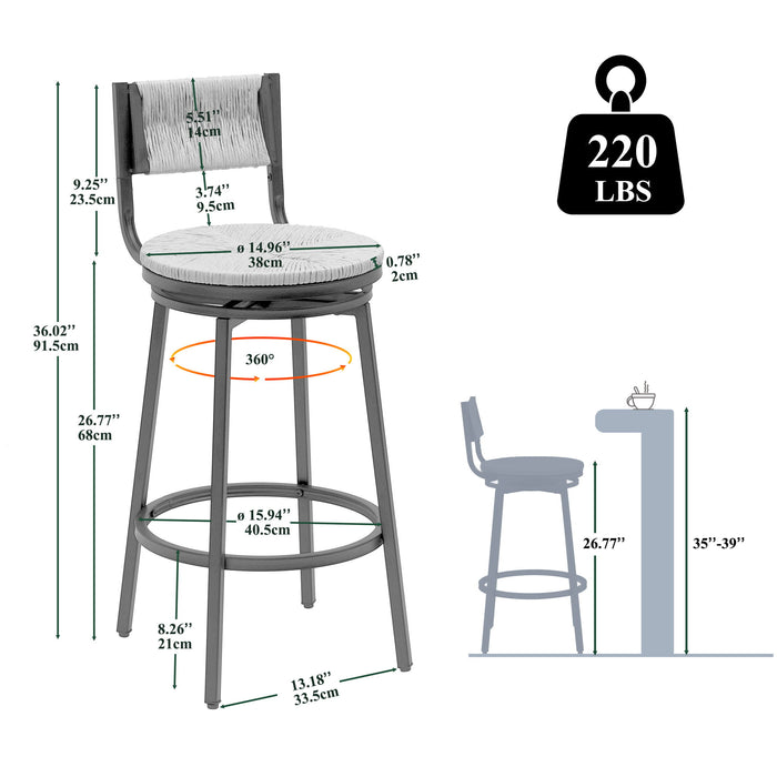 Set of two Giga swivel bar stools with metal frames and hand-woven paper rope seats for kitchen counters and dining areas.