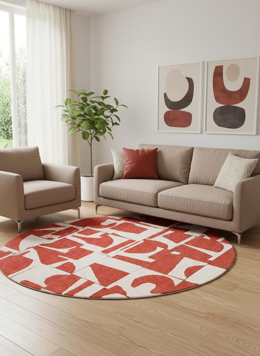 8' Geometric Washable Round Rug (551980) - Red / White