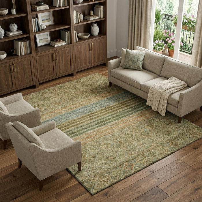 10' X 14' Striped Washable Area Rug With UV Protection (695732) - Artichoke Green / Copper / Gray