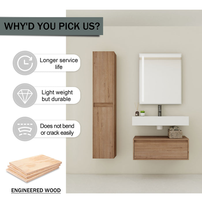 Modern Giga wall-mounted 30-inch bathroom vanity with resin sink and dual side cabinets in imitation oak finish.