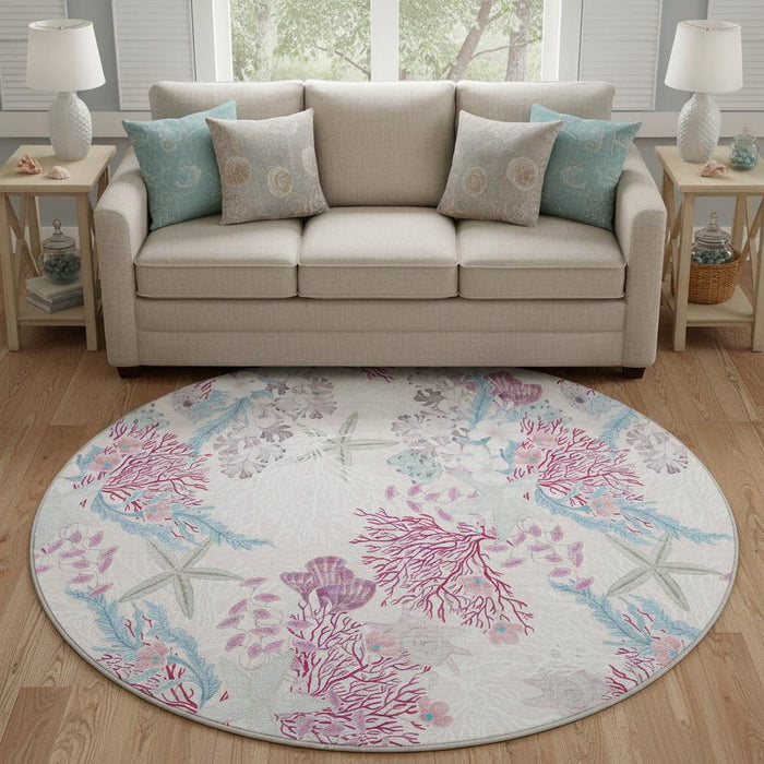 8' Geometric Washable Round Rug With UV Protection (645699) - Raspberry / Ivory / Blue