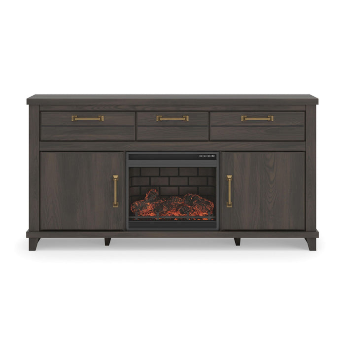 Signature Design by Ashley Brazen Valley TV stand with fireplace option, dark wood finish, with storage cabinets and modern design.